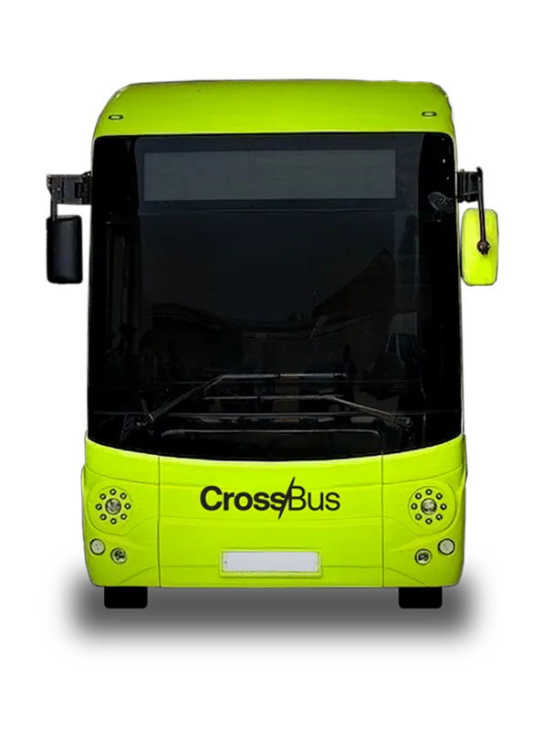 CrossBus vehicle seen from the front, with logo, headlights in volt green